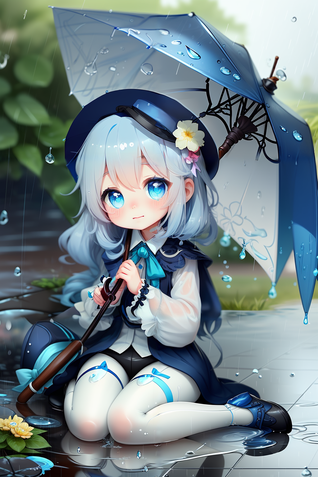 27595-2810403528-chibi, 1girl, solo, flower, blue eyes, umbrella, long hair, blue hair, blush, hair between eyes, rain, holding umbrella, bangs,.png